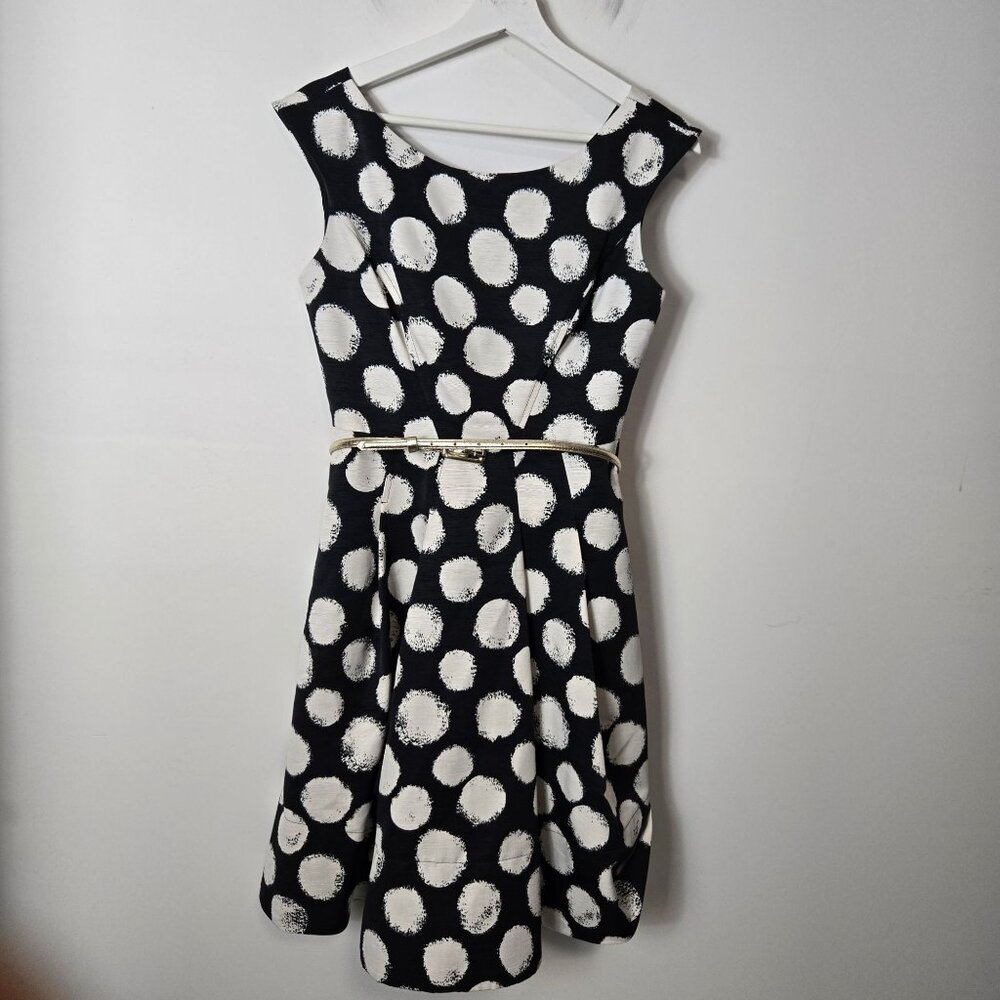 Eliza J Size 4 Polka Dot Faille Fit & Flare Short Sleeve Belted Dress Cap Sleeve